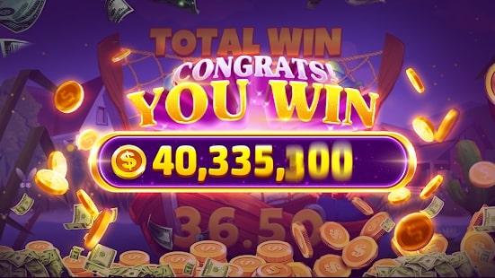 Casino game screen displaying a large win of 40,335,100 coins with celebratory text 'Congrats You Win' surrounded by cash and coins.